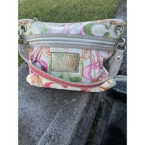 Coach Poppy Shoulder Bag.  Pink Orange Green Signature.  Silver Hardware Zippers